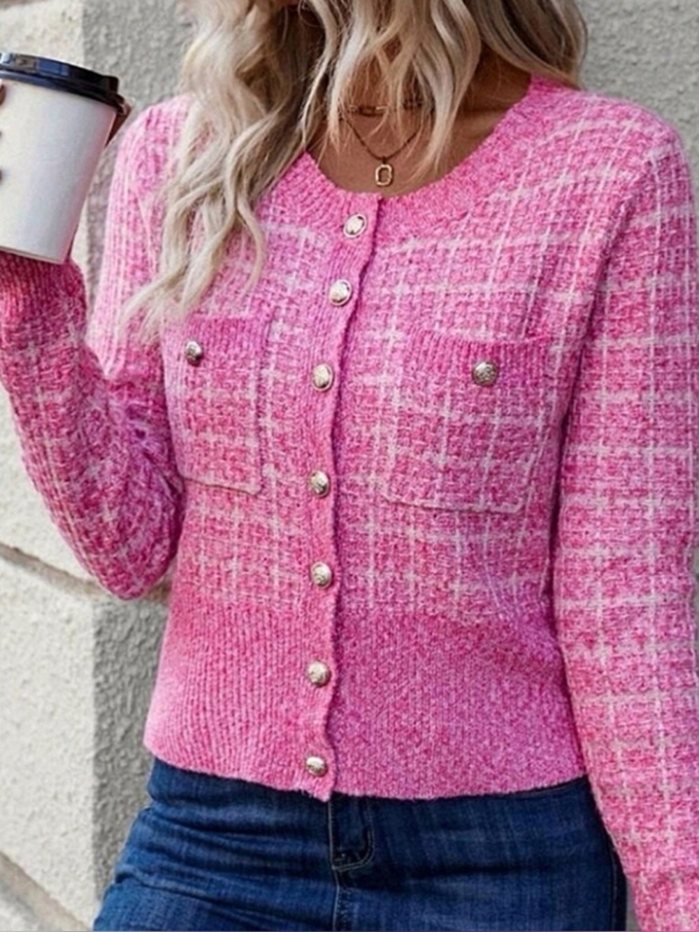 SHEIN Chic Plaid Tweed Knit Cardigan Sweater Hot Pink White S